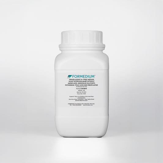 Translucent K+ free medium, YNB w/o Amino acids and without Ammonium sulphate and w/o Potassium and w/o Folic acid and w/o Riboflavin